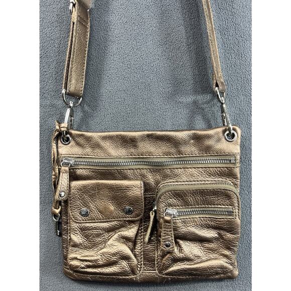 Fossil Pebble Grain Leather Crossbody Handbag Purse Bronze Metallic Pockets - Picture 6 of 14